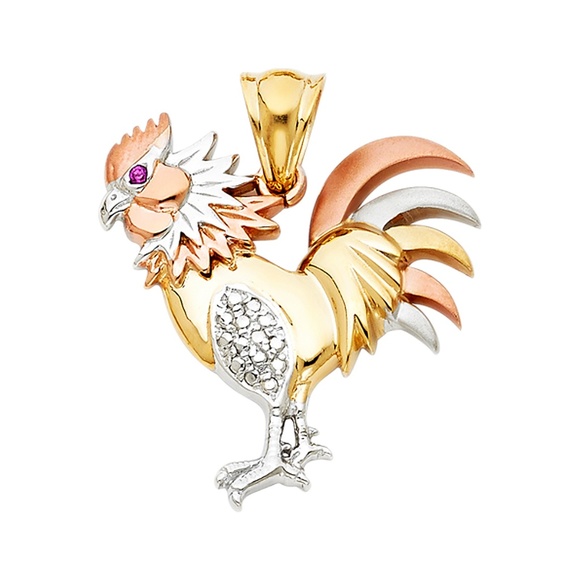 14K Tri ColorCZ Rooster Pendant